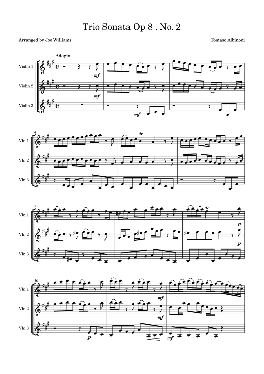 Trio Sonata Op 8 No 2 in A Major String Trio scores gallery preview page 1