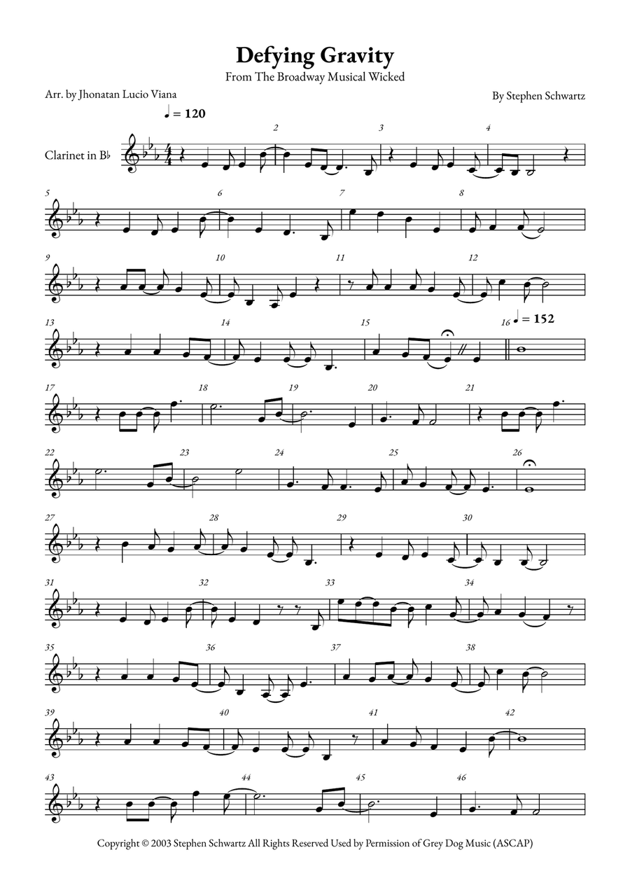 Defying Gravity B-Flat Clarinet scores gallery preview page 1