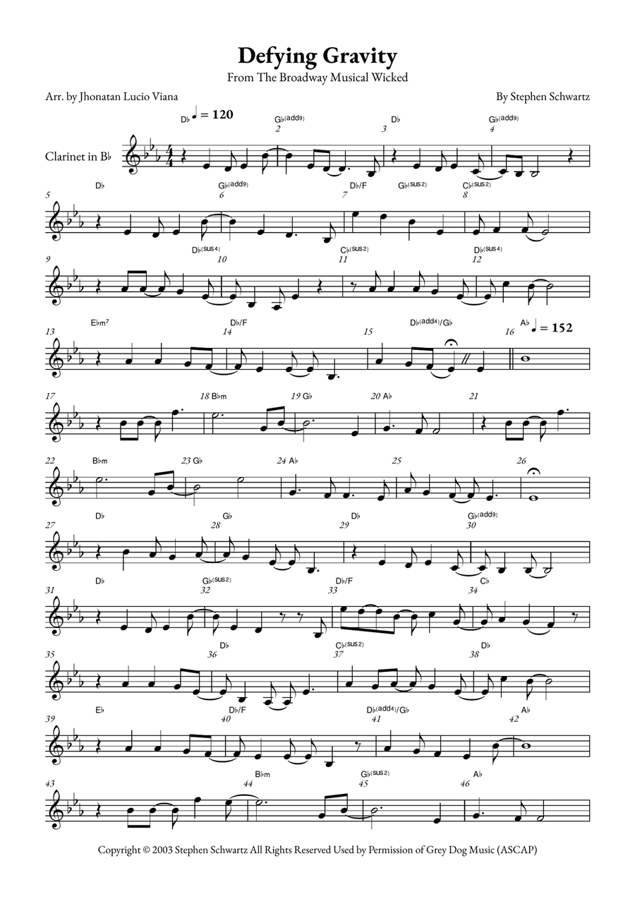 Defying Gravity B-Flat Clarinet scores gallery preview page 1