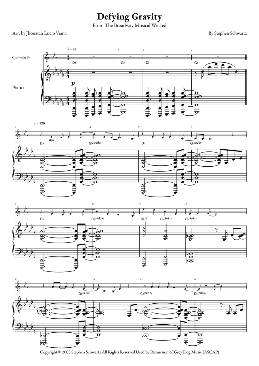 Defying Gravity B-Flat Clarinet scores gallery preview page 1