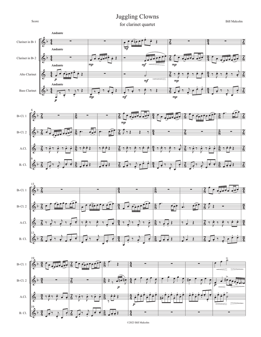 Juggling Clowns for clarinet quartet Clarinet Quartet scores gallery preview page 1