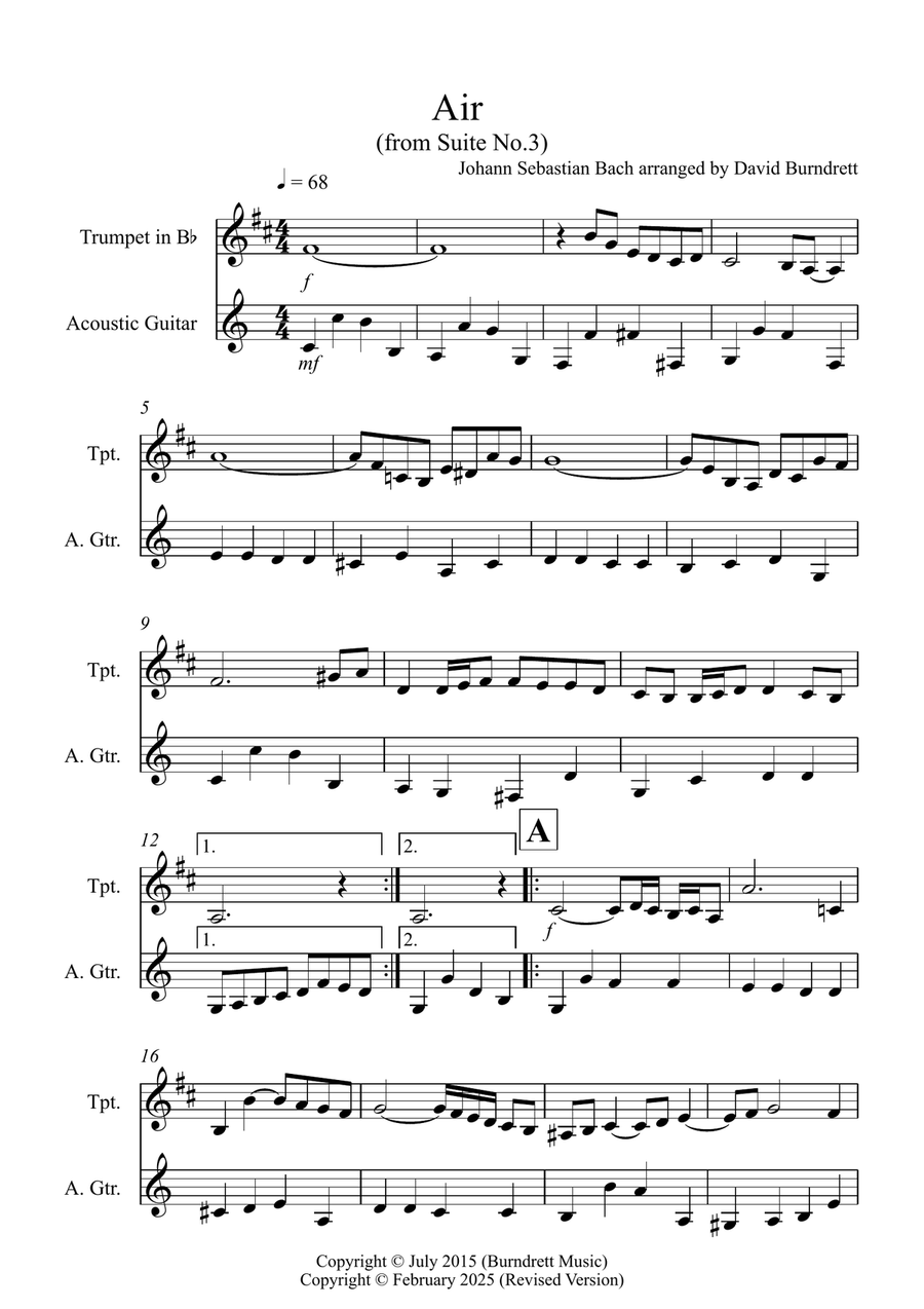 Air on a G String for Trumpet and Guitar Duet Trumpet Duet scores gallery preview page 1