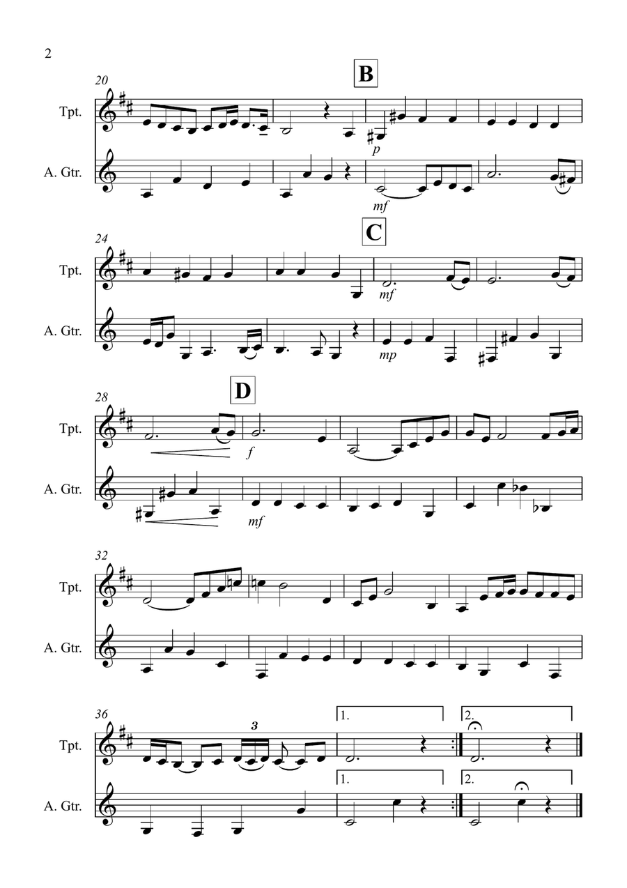 Air on a G String for Trumpet and Guitar Duet Trumpet Duet scores gallery preview page 2