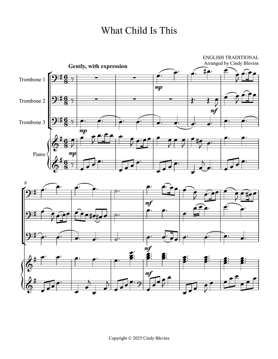 What Child Is This, for Three Trombones and Piano Trombone Trio scores gallery preview page 2
