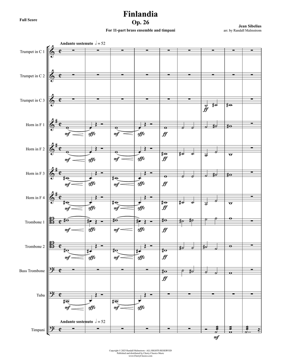 Finlandia for 11-part Brass Ensemble and Timpani Brass Ensemble scores gallery preview page 1