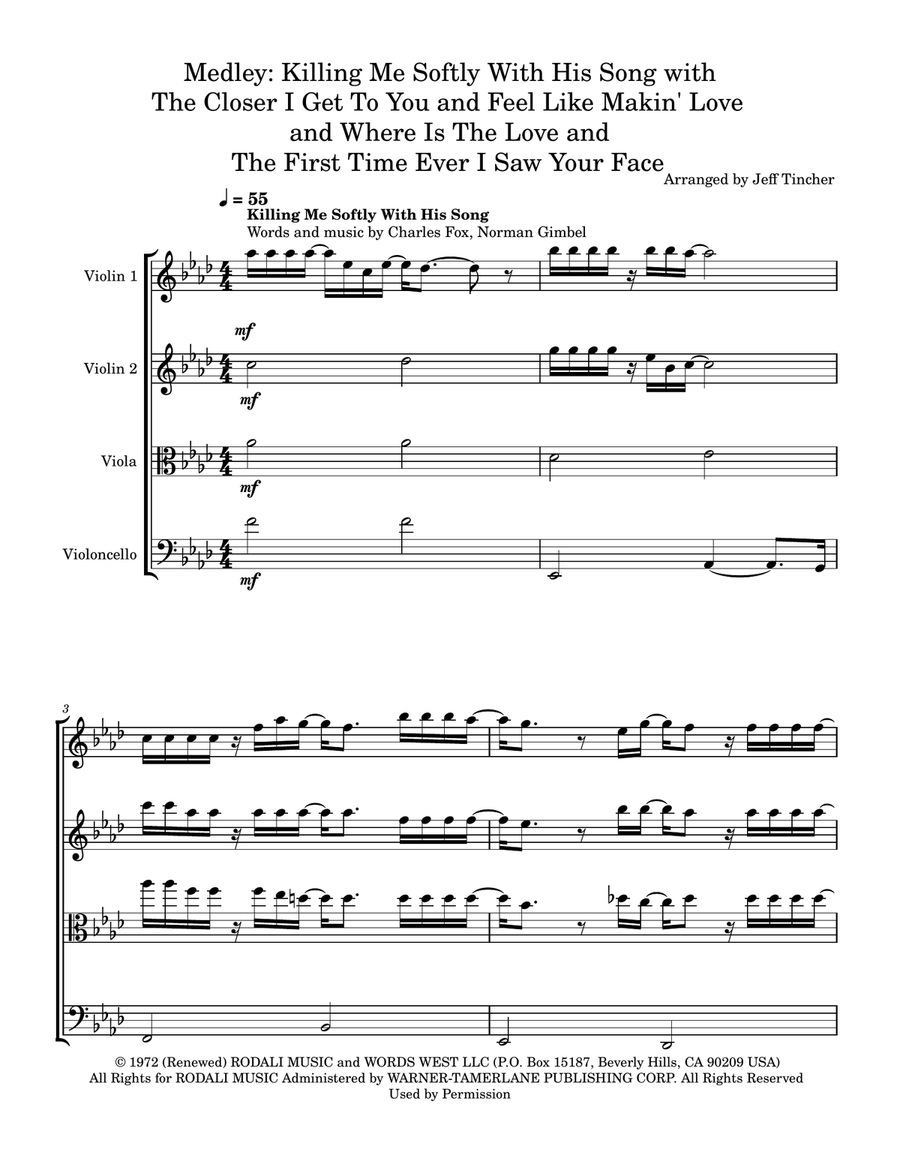 Medley: Killing Me Softly With His Song with The Closer I Get To You, Feel Like Makin' Love, Wher... String Quartet scores gallery preview page 2