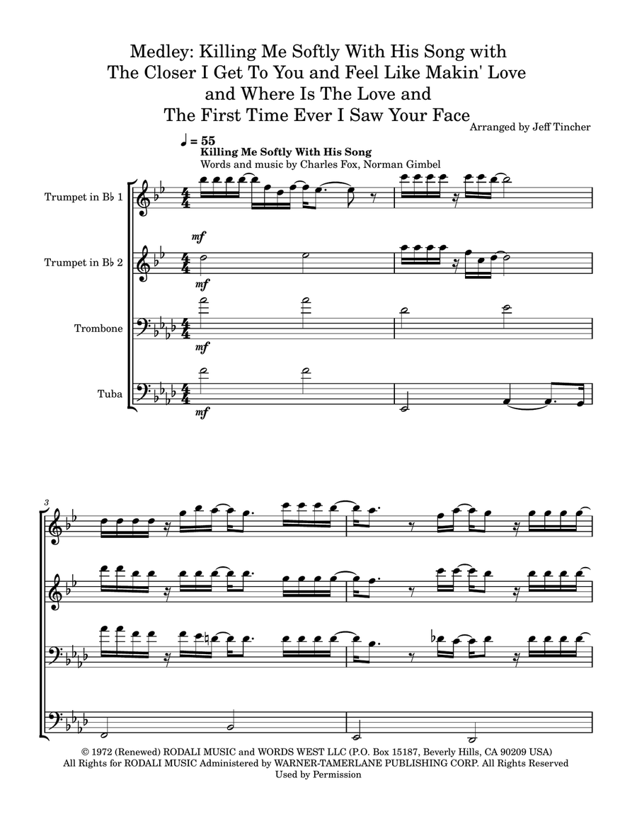 Medley: Killing Me Softly With His Song with The Closer I Get To You, Feel Like Makin' Love, Wher... Brass Quartet scores gallery preview page 2