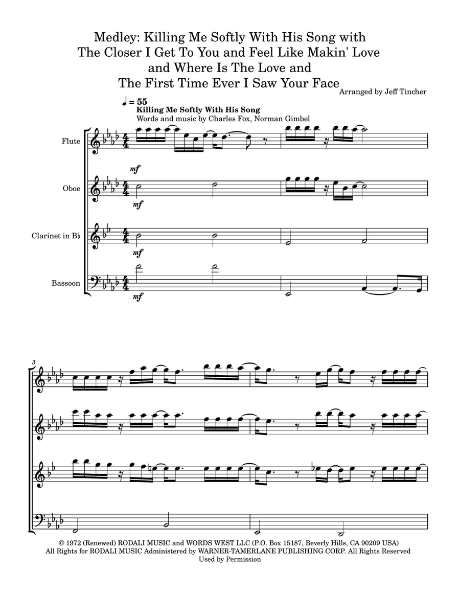 Medley: Killing Me Softly With His Song with The Closer I Get To You, Feel Like Makin' Love, Wher... Woodwind Quartet scores gallery preview page 2