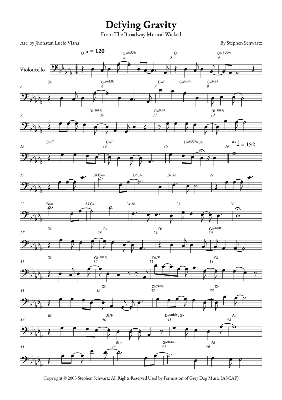 Defying Gravity Cello Solo scores gallery preview page 1