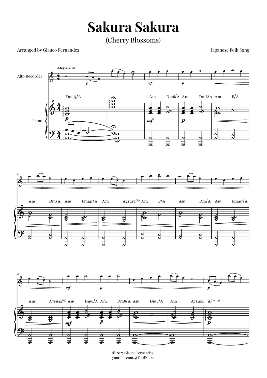 Sakura Sakura (Cherry Blossoms) - ENCHANTING Sheet Music Alto Recorder scores gallery preview page 1