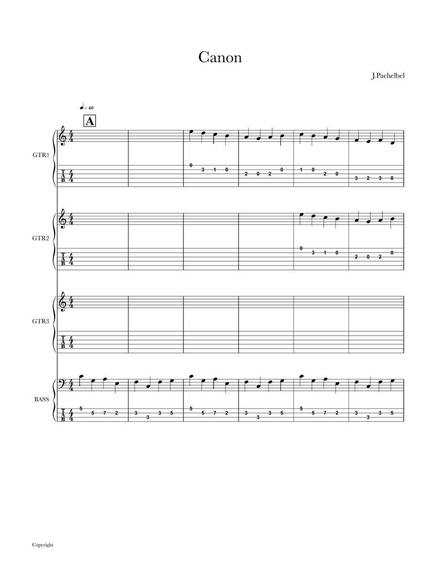 Canon, Guitar Trio & Bass Guitar Tab (with full score) Guitar Ensemble scores gallery preview page 2