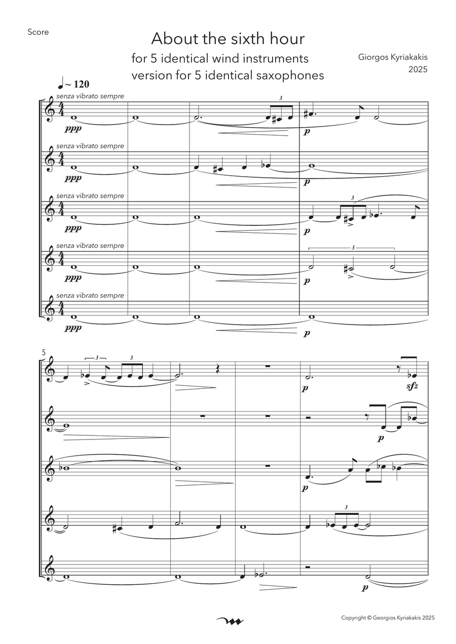 About the sixth hour, for 5 identical wind instruments, version for 5 saxophones Saxophone Quintet scores gallery preview page 3