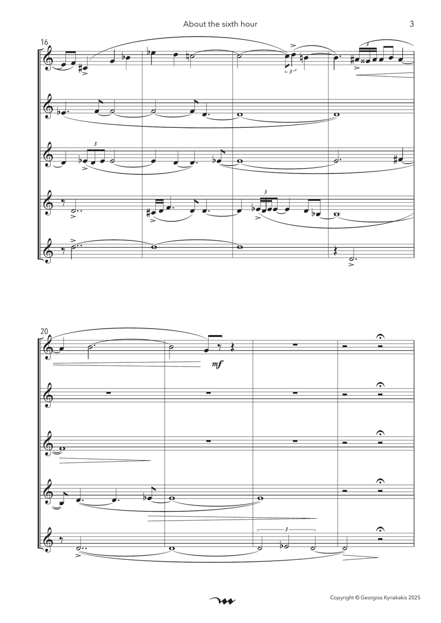 About the sixth hour, for 5 identical wind instruments, version for 5 saxophones Saxophone Quintet scores gallery preview page 5