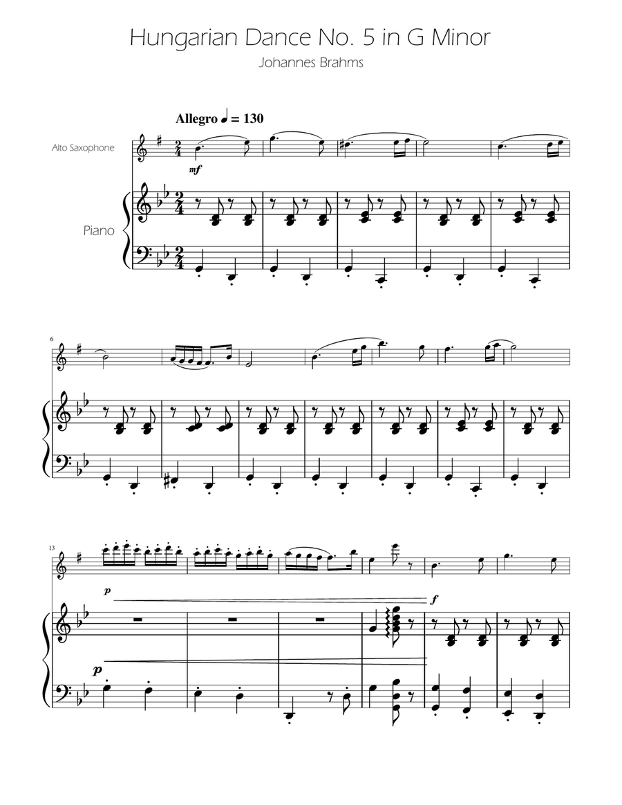 Hungarian Dance No. 5 - Alto Sax Solo w/Piano Alto Saxophone scores gallery preview page 1
