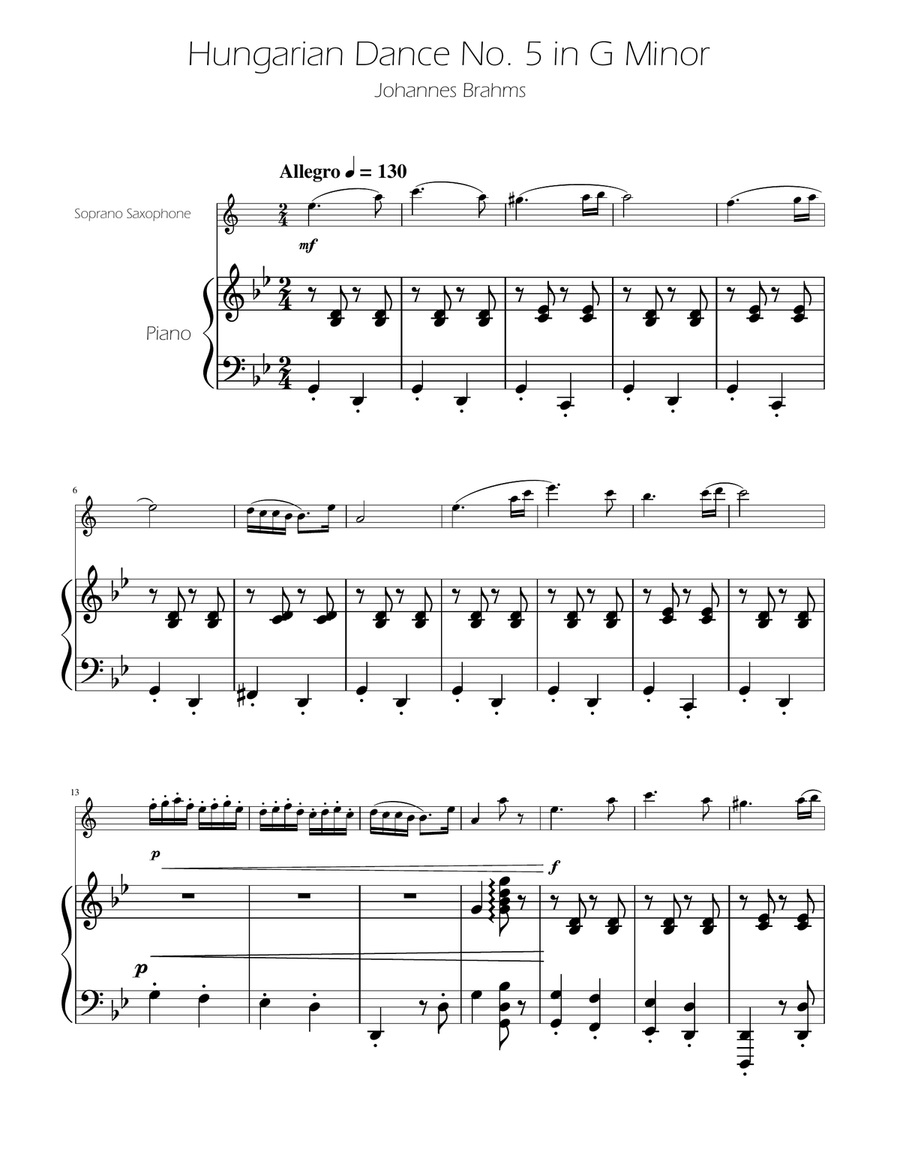Hungarian Dance No. 5 - Soprano Sax Solo w/Piano Soprano Saxophone scores gallery preview page 1