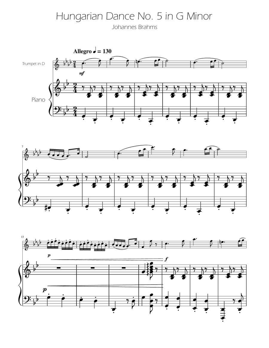 Hungarian Dance No. 5 - Trumept in D Solo w/Piano Trumpet Solo scores gallery preview page 1