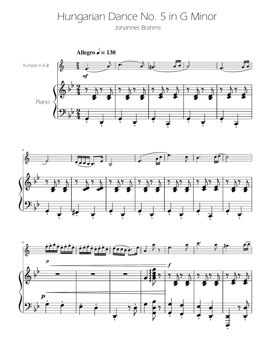 Hungarian Dance No. 5 - Trumpet Solo w/Piano B-Flat Trumpet scores gallery preview page 1