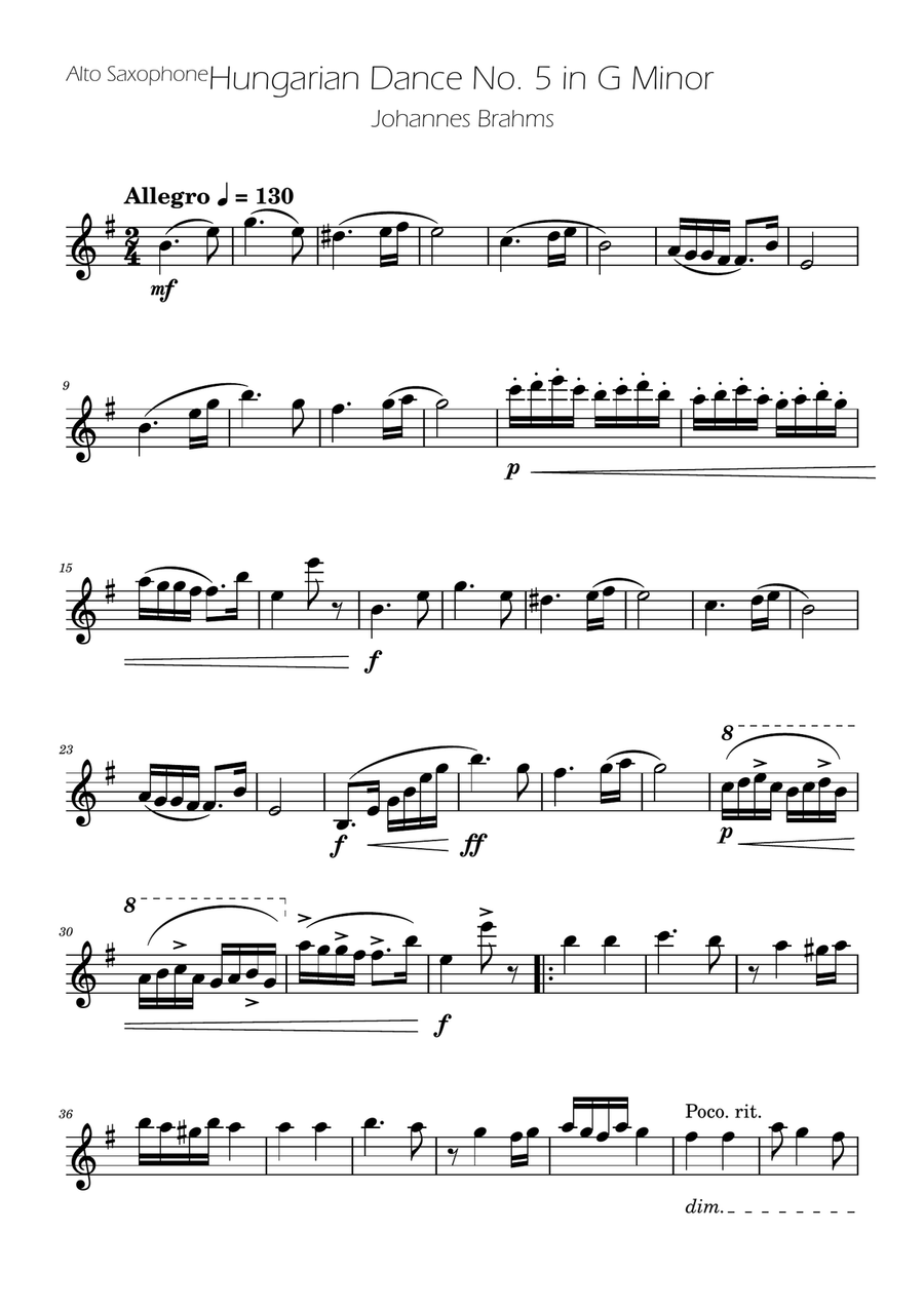 Hungarian Dance No. 5 - Alto Sax Solo Alto Saxophone scores gallery preview page 1