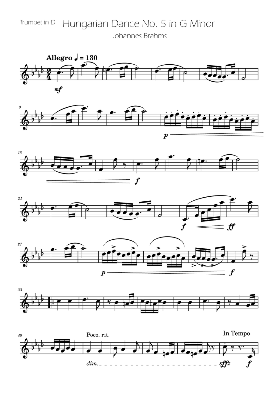 Hungarian Dance No. 5 - Trumpet in D Solo Trumpet Solo scores gallery preview page 1