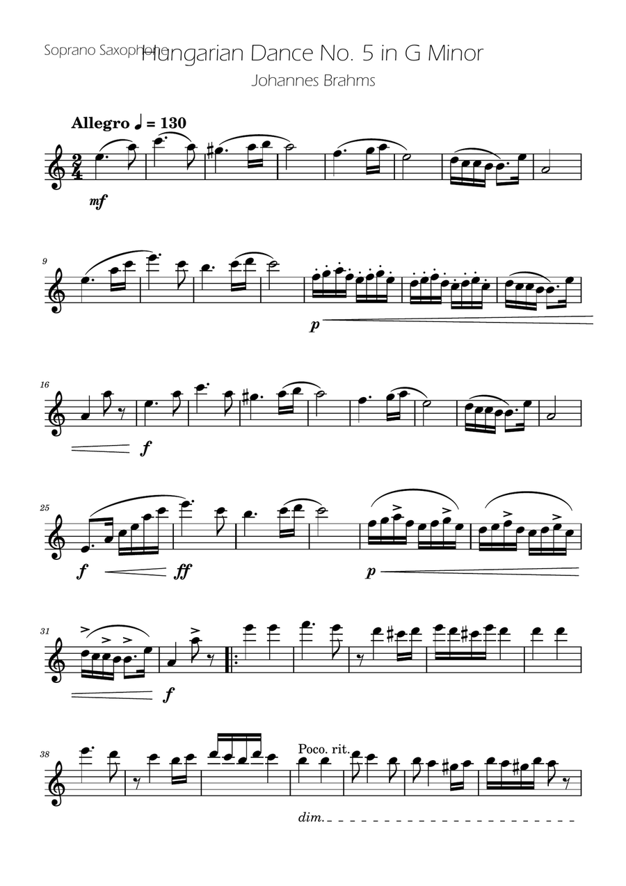 Hungarian Dance No. 5 - Soprano Sax Solo Soprano Saxophone scores gallery preview page 1