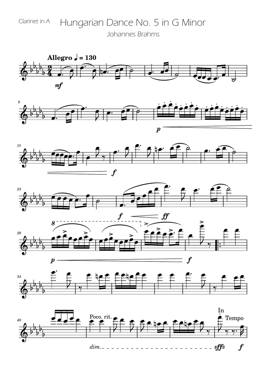 Hungarian Dance No. 5 - Clarinet in A Solo A Clarinet scores gallery preview page 1