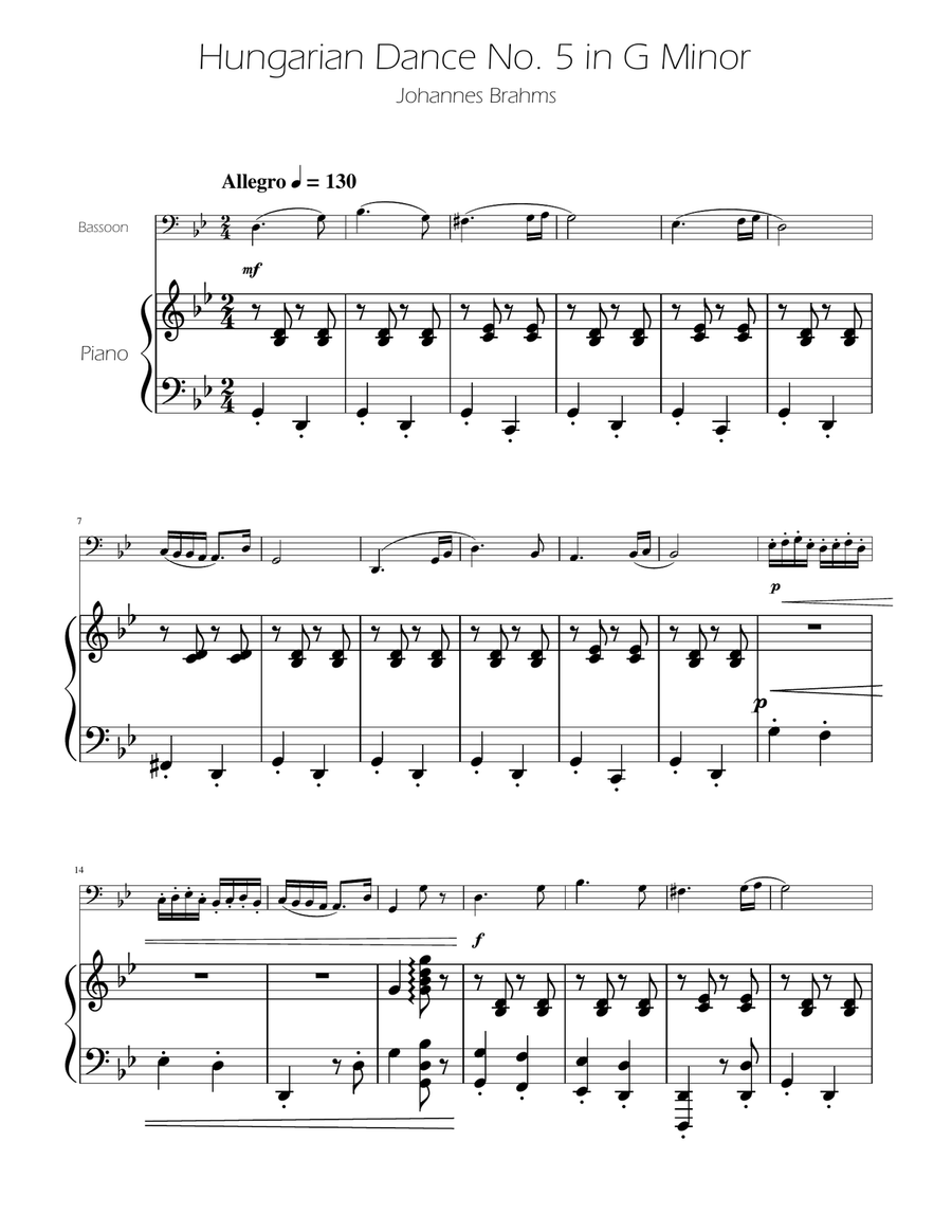 Hungarian Dance No. 5 - Bassoon Solo w/Piano Bassoon Solo scores gallery preview page 1