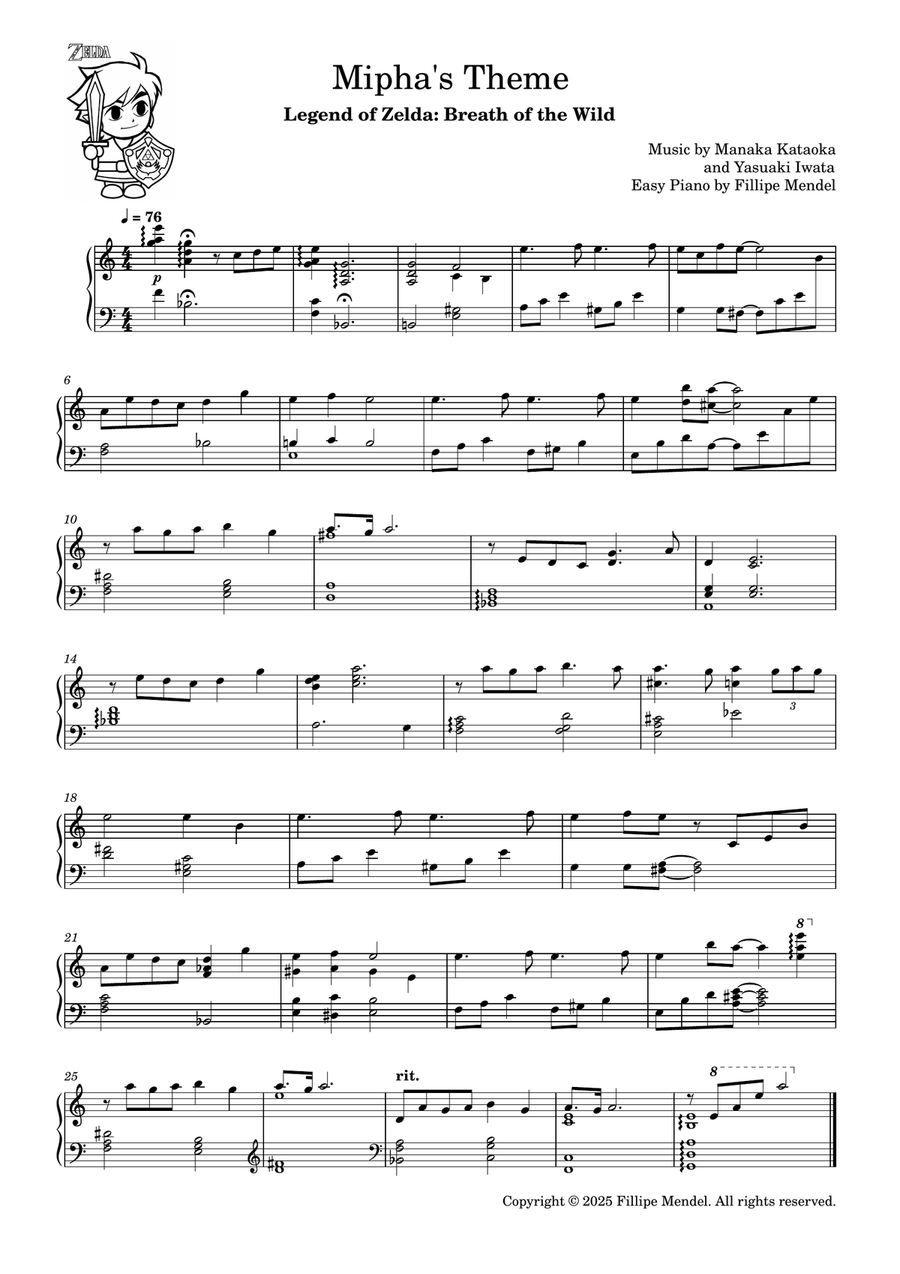 Mipha's Theme from Legend of Zelda: Breath of the Wild (easy piano) Easy Piano scores gallery preview page 1