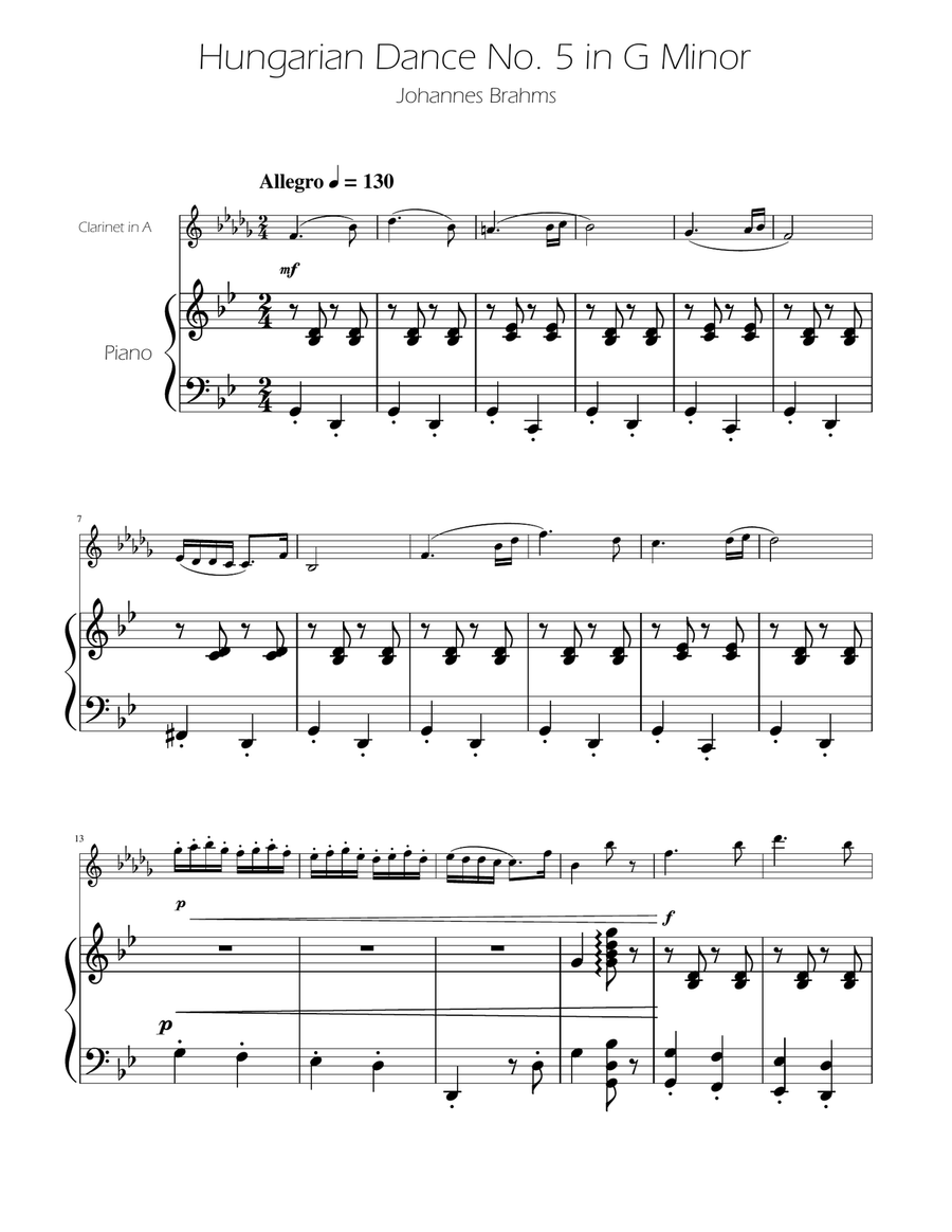 Hungarian Dance No. 5 - Clarinet in A Solo w/Piano A Clarinet scores gallery preview page 1