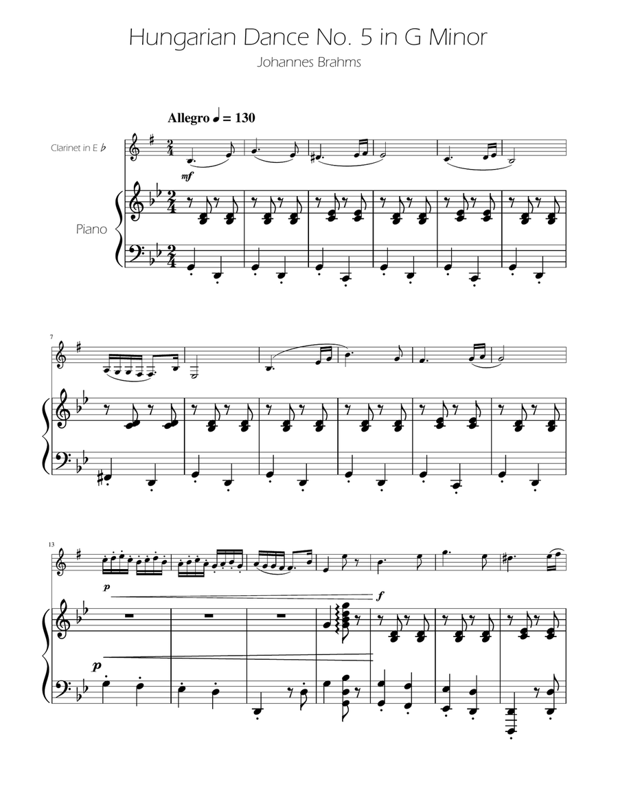 Hungarian Dance No. 5 - Clarinet in Eb Solo w/Piano E-Flat Clarinet scores gallery preview page 1