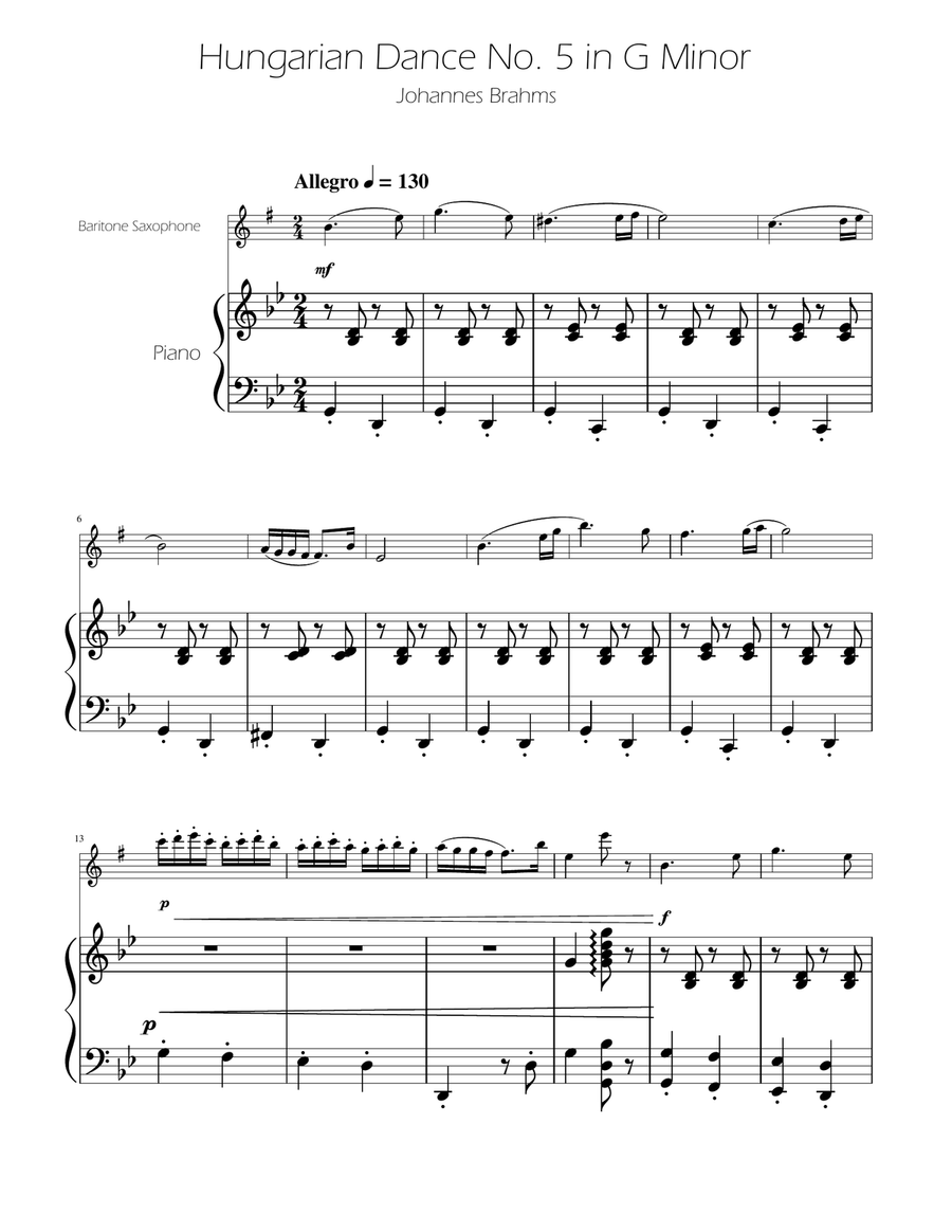 Hungarian Dance No. 5 - Baritone Sax Solo w/Piano Baritone Saxophone scores gallery preview page 1