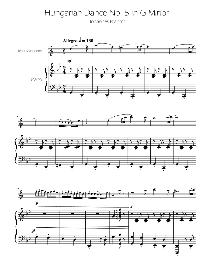 Hungarian Dance No. 5 - Tenor Sax Solo w/Piano Tenor Saxophone scores gallery preview page 1