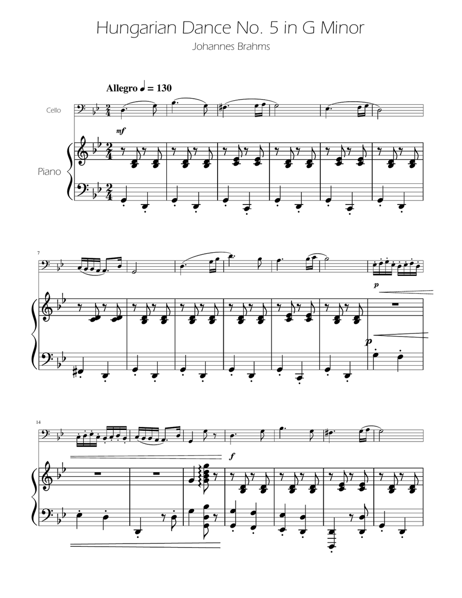 Hungarian Dance No. 5 - Cello Solo w/Piano Piano scores gallery preview page 1