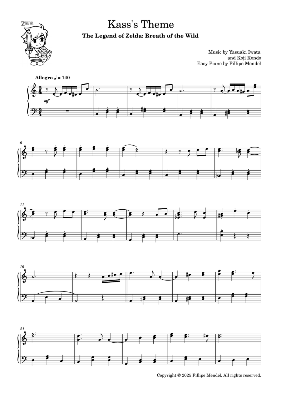 Kass's Theme from The Legend of Zelda: Breath of the Wild (easy piano) Easy Piano scores gallery preview page 1