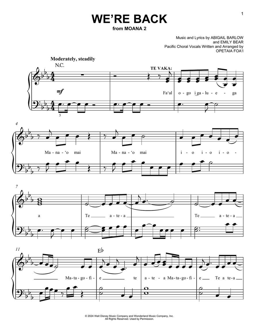 We're Back (from Moana 2) Easy Piano scores gallery preview page 1