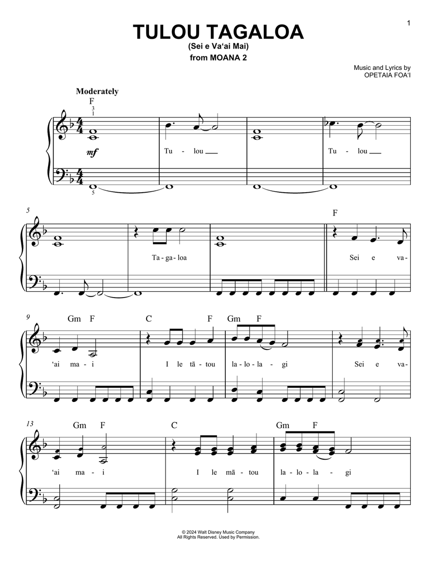 Tulou Tagaloa (Sei e Va'ai Mai) (from Moana 2) Easy Piano scores gallery preview page 1