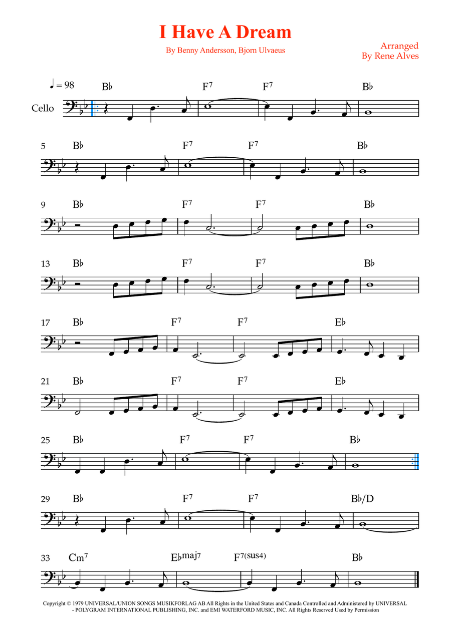 I Have A Dream I Have A Dream Cello Solo scores gallery preview page 1