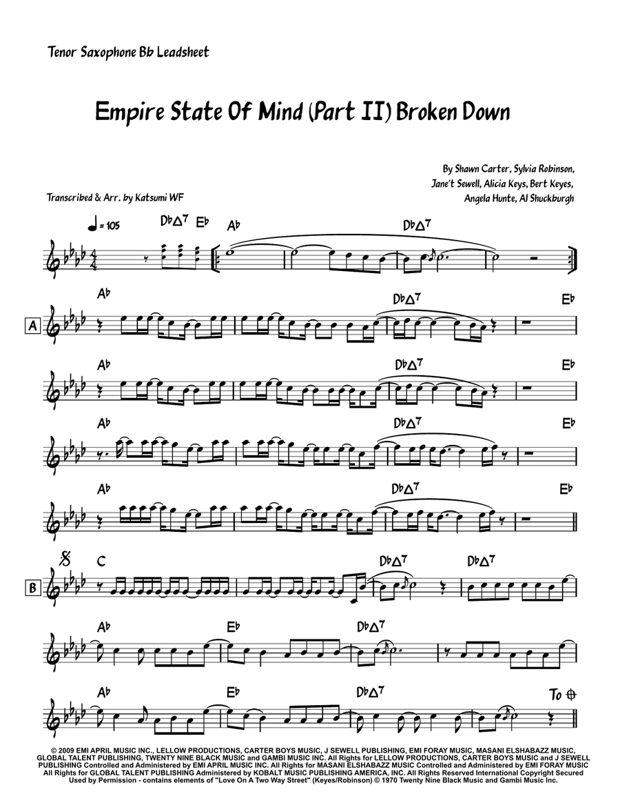 Empire State Of Mind (Part II) Broken Down Tenor Saxophone scores gallery preview page 1