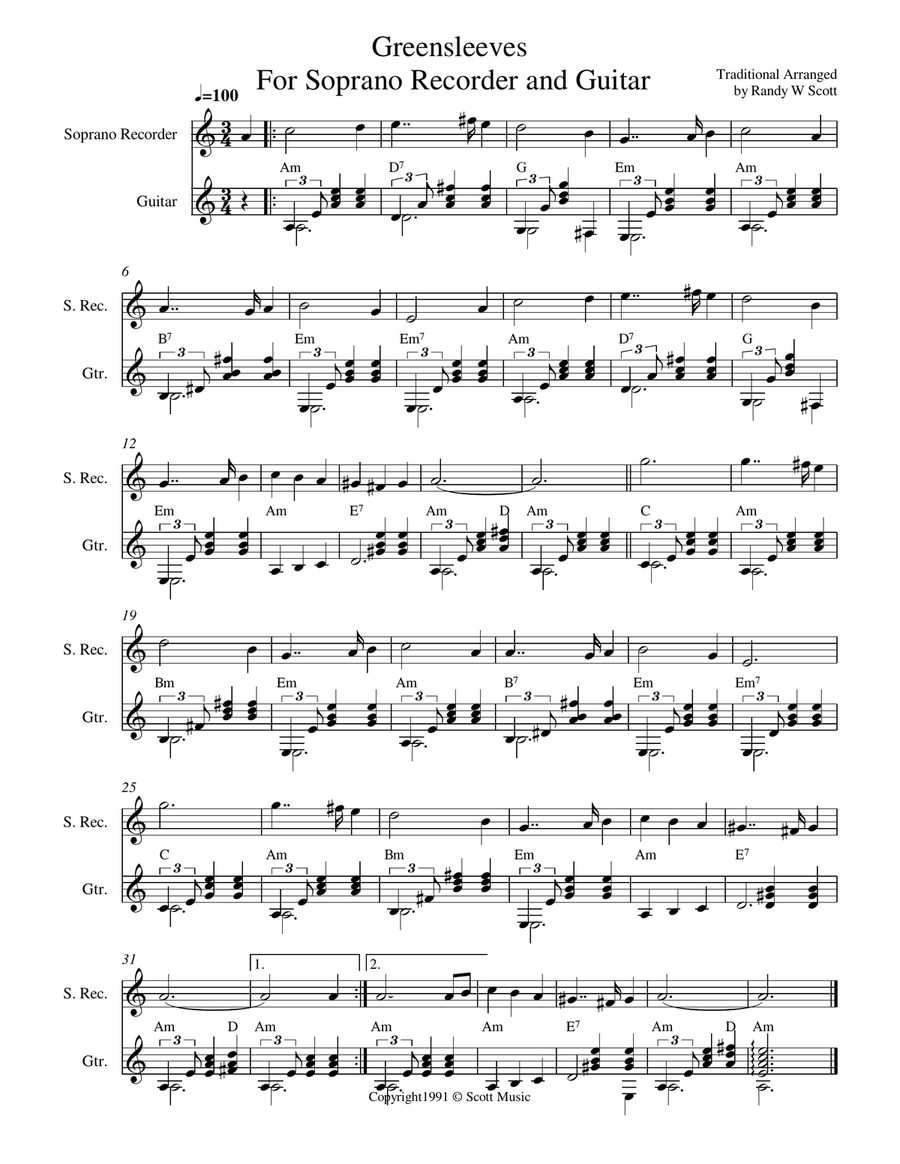 Greensleeves For Soprano Recorder or Flute and Guitar Flute scores gallery preview page 2