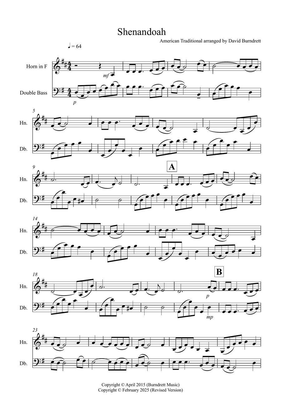 Shenandoah for Horn and Double Bass Duet Horn scores gallery preview page 1