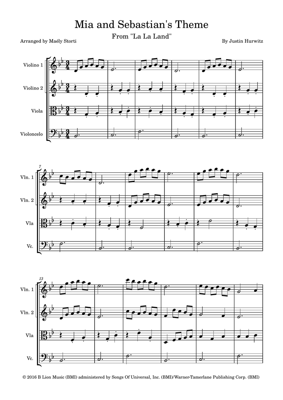 Mia & Sebastian's Theme String Quartet scores gallery preview page 1