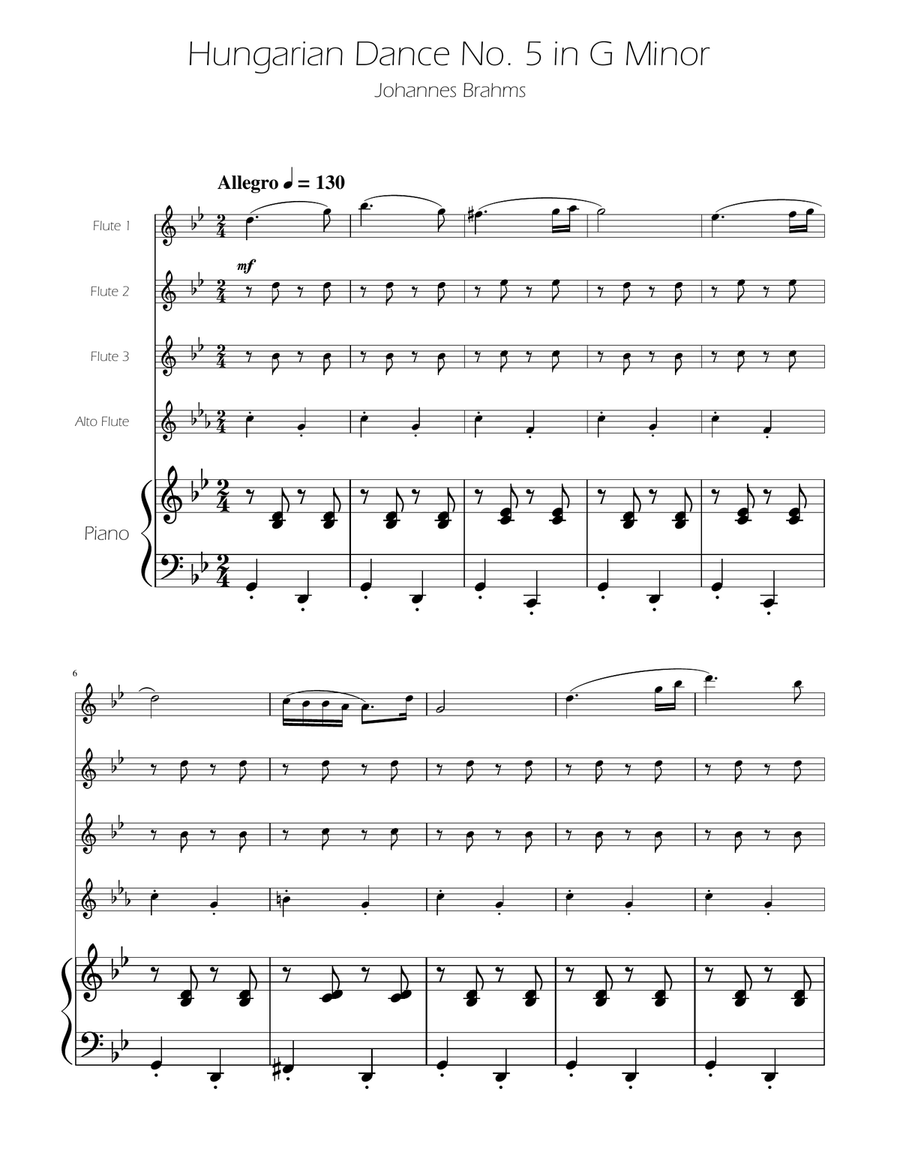 Hungarian Dance No. 5 - Flute Quartet Flute Quartet scores gallery preview page 1