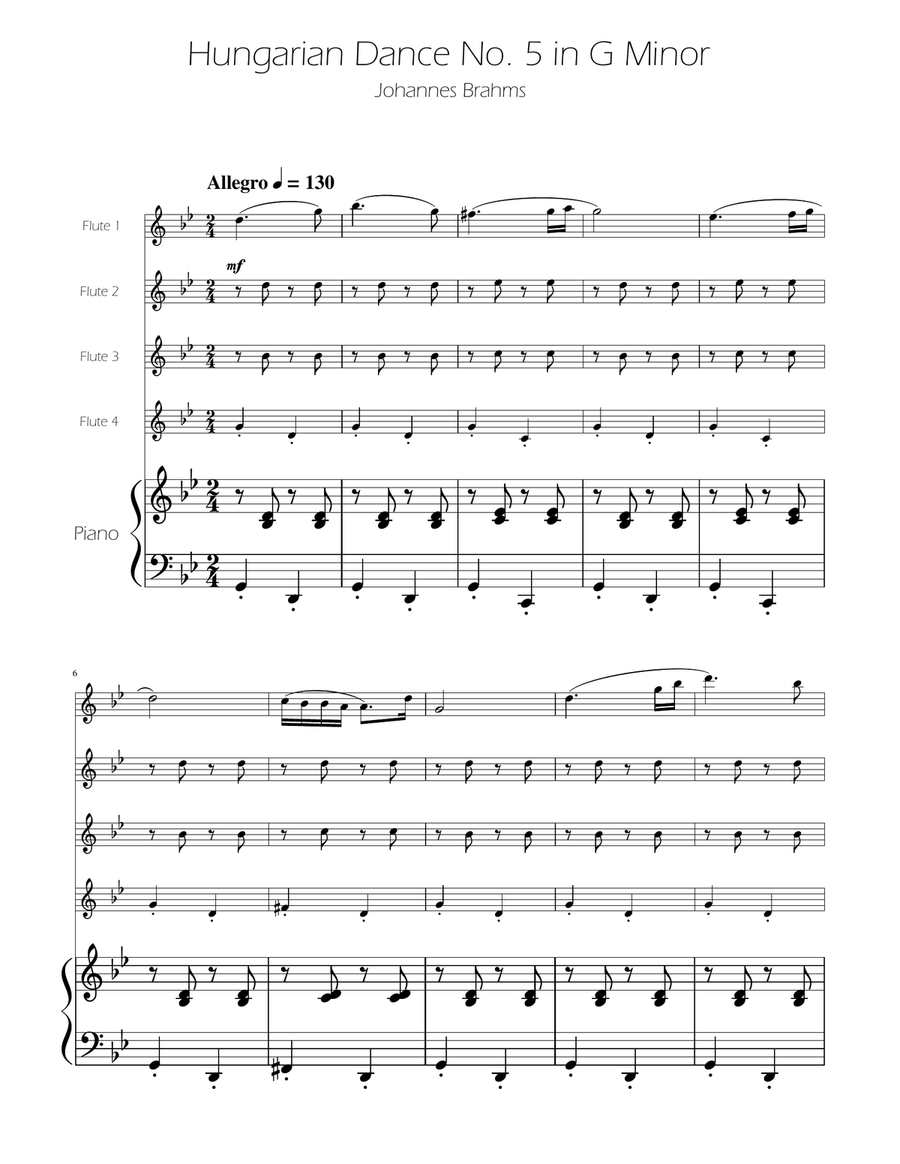 Hungarian Dance No. 5 - Flute Quartet Flute Quartet scores gallery preview page 1