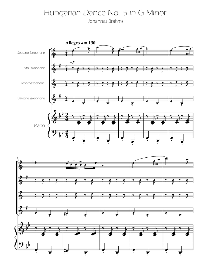 Hungarian Dance No. 5 - Sax Quartet Saxophone Quartet scores gallery preview page 1