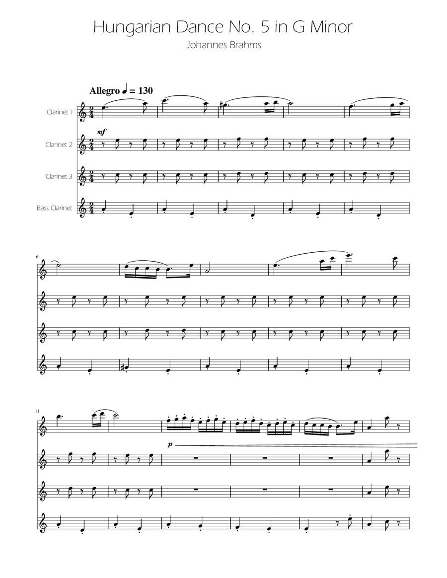 Hungarian Dance No. 5 - Clarinet Quartet Clarinet Quartet scores gallery preview page 1