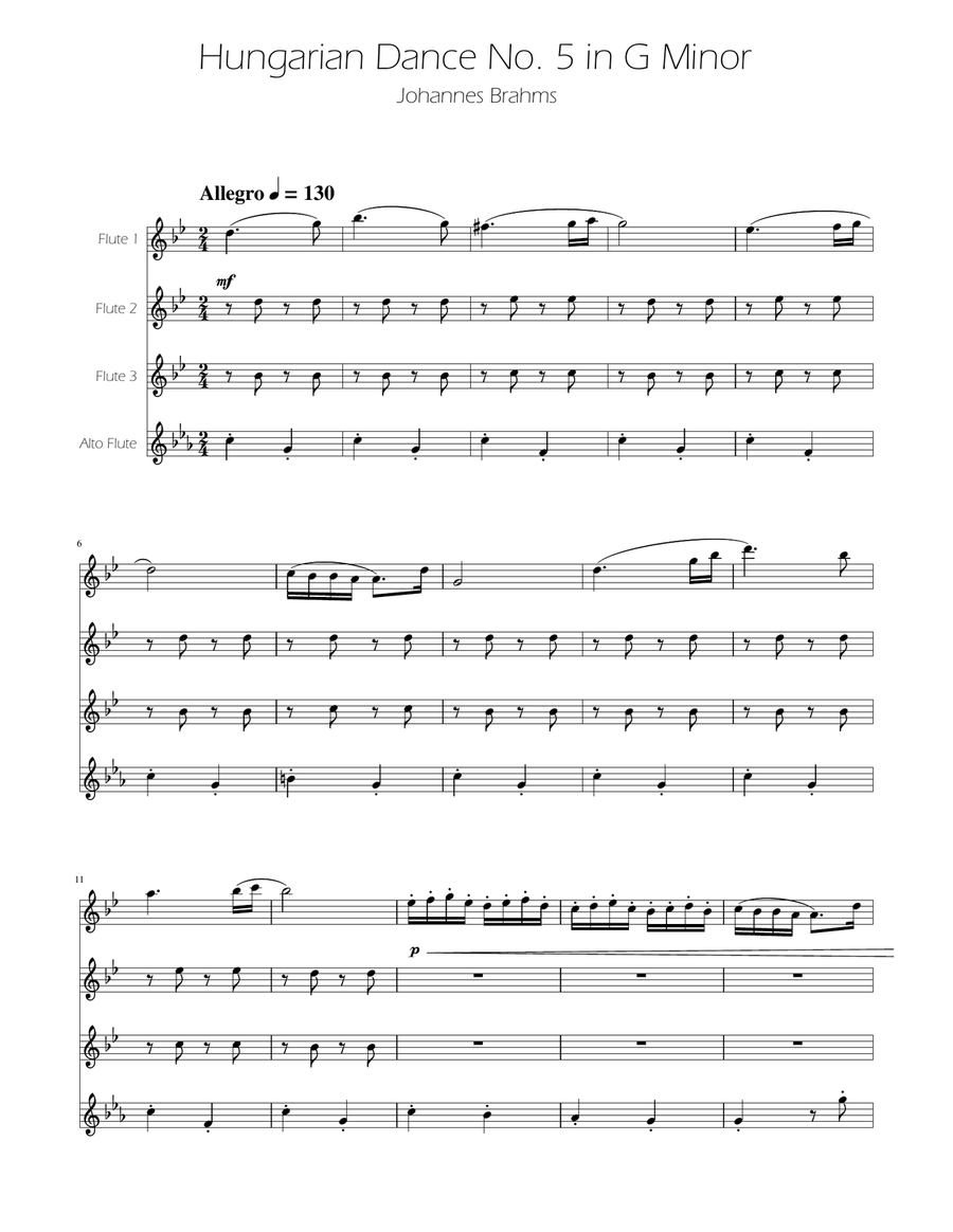 Hungarian Dance No. 5 - Flute Quartet Flute Quartet scores gallery preview page 1