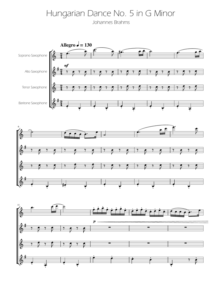 Hungarian Dance No. 5 - Sax Quartet Saxophone Quartet scores gallery preview page 1