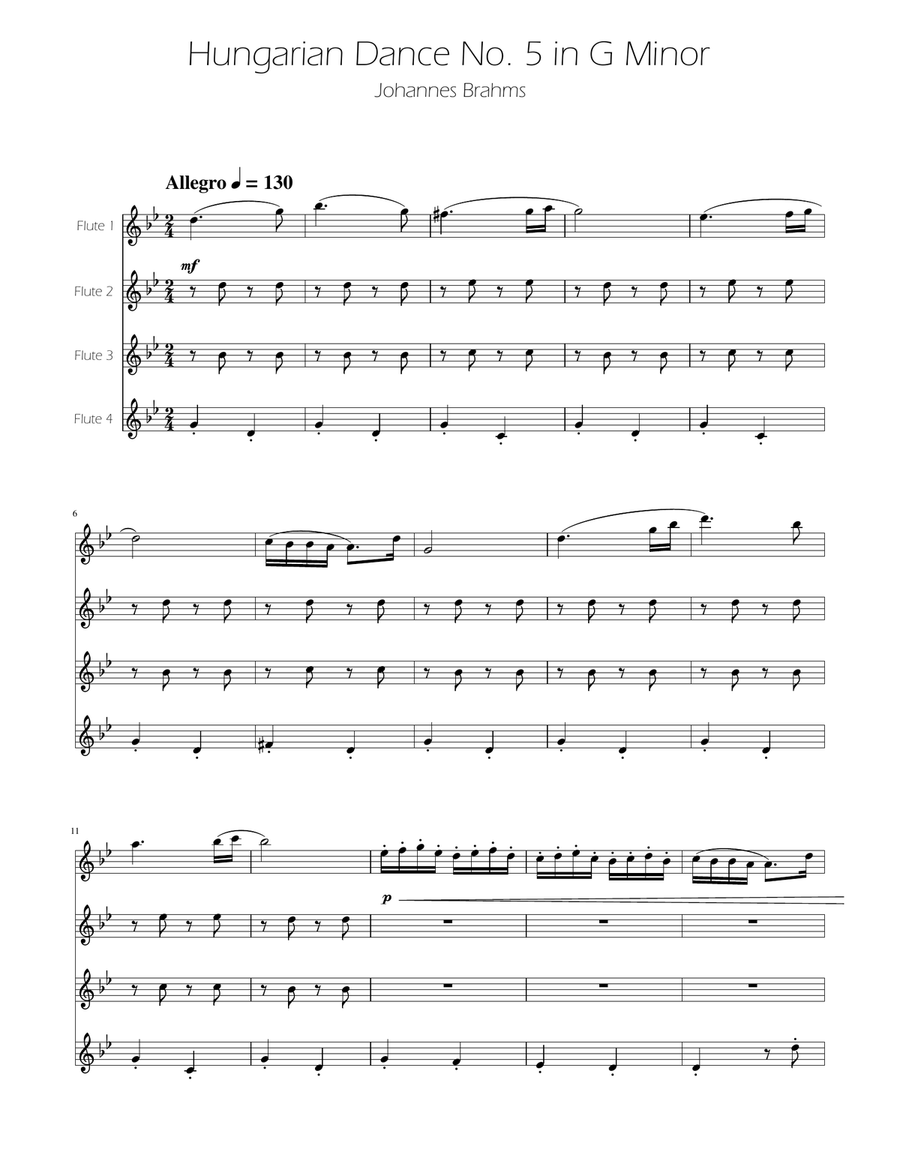 Hungarian Dance No. 5 - Flute Quartet Flute Quartet scores gallery preview page 1