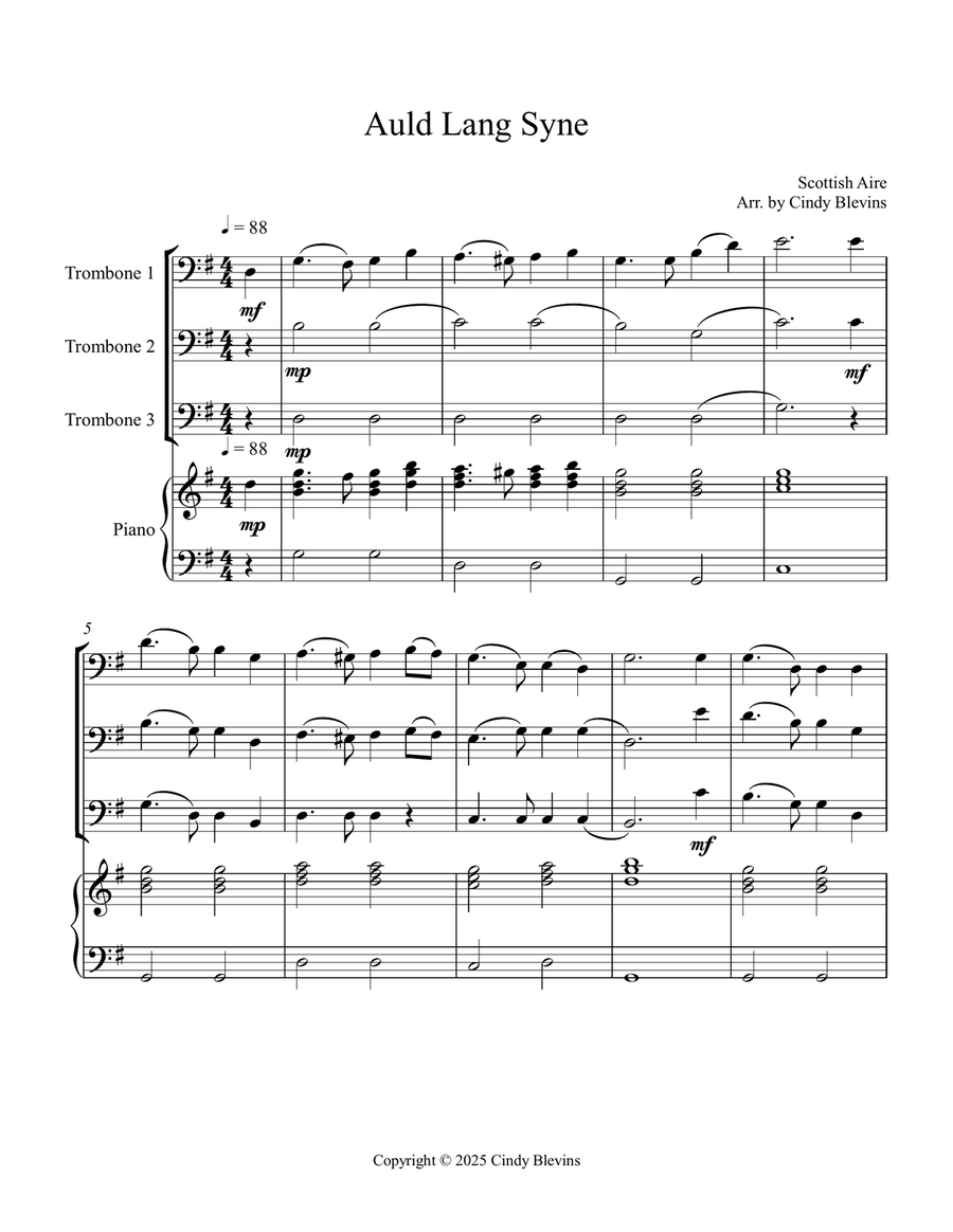 Auld Lang Syne, for Three Trombones and Piano Trombone Trio scores gallery preview page 2