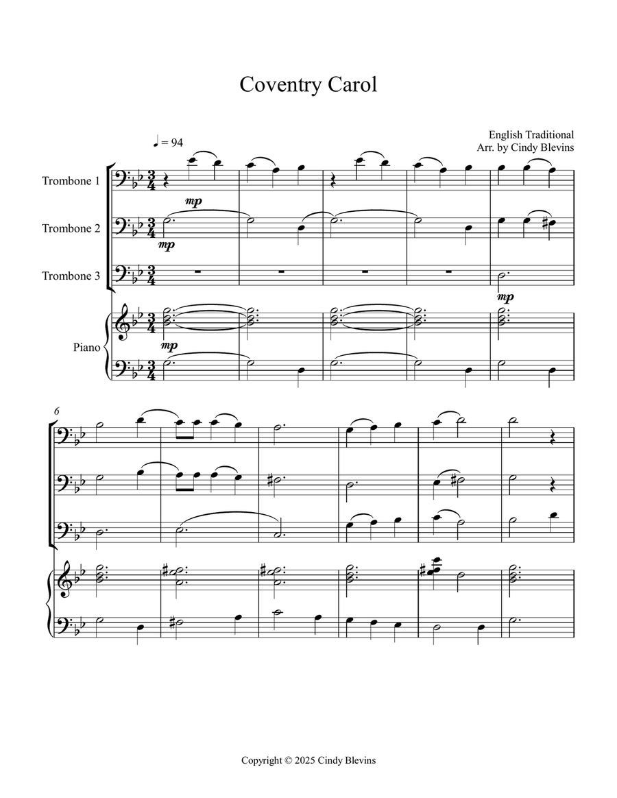 Coventry Carol, for Three Trombones and Piano Trombone Trio scores gallery preview page 2