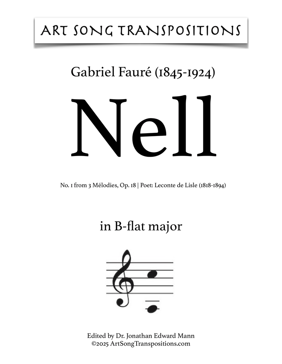 FAURÉ: Nell, Op. 18 no. 1 (transposed to B-flat major) Piano, Vocal scores gallery preview page 1